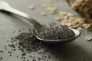 Healthy Chia seeds in a spoon on the table close up.