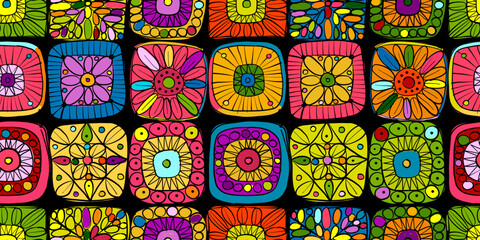 Granny square crochet. Seamless pattern background. Knitted wear. Folk art motif with flowers. Vector illustration