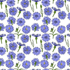 A set of seamless background with cornflowers. Vector graphics, 1000x1000.