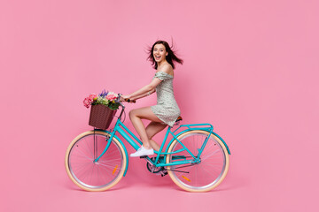 Profile side full body photo of adorable sweet pretty cheerful lady wear short skirt outfit ride bicycle isolated on pink background
