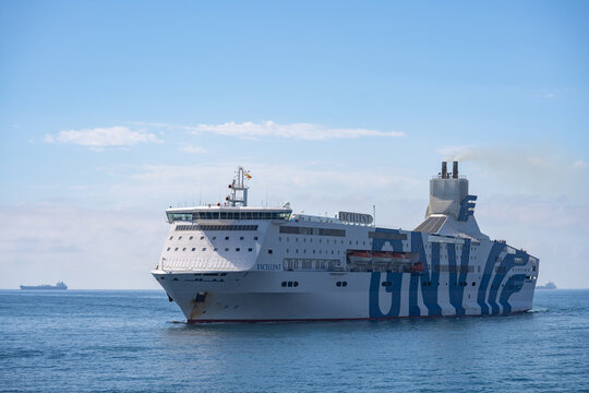 GNV Ferry vessel ship depart Barcelona port Vell. Barcelona, Spain - May 29, 2022
