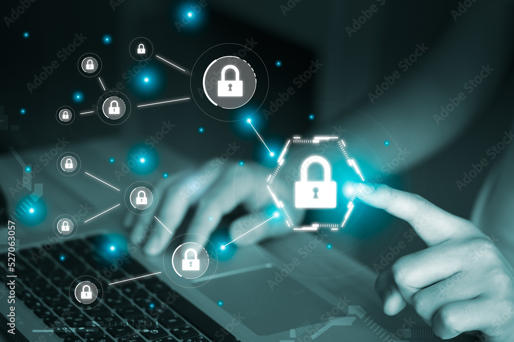Leinwandbilder cyber security concept. protection of privacy personal data. hand touch virtual lock when using inte