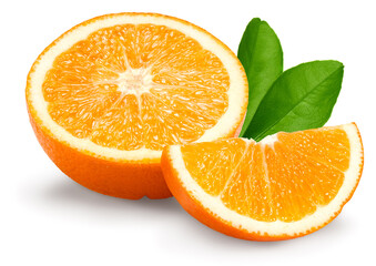 half of orange fruit with green leaves isolated on white background. clipping path