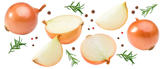 flying onion with green leaves isolated on white background. clipping path