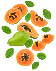 flying sliced ripe papaya fruit isolated on white background. exotic fruit. clipping path