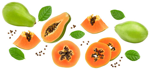 flying sliced ripe papaya fruit isolated on white background. exotic fruit. clipping path