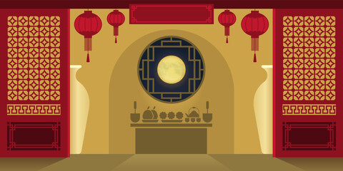illustration vector of pray table on mid autumn moon cake festival at tradition vintage chinese house and lantern decoration background