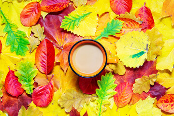 Fototapeta na wymiar Autumn background from red, yellow and green leaves and a cup of cocoa.