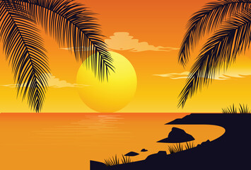 Vector landscape with palm trees and a lake against sunset sky.08