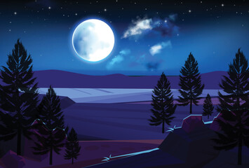 Night african savannah landscape with cartoon background, trees, rocks, full moon and stars.02