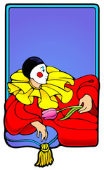 Bookplate style frame with a mime holding a tulip