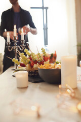 Set table with fruit and snacks 