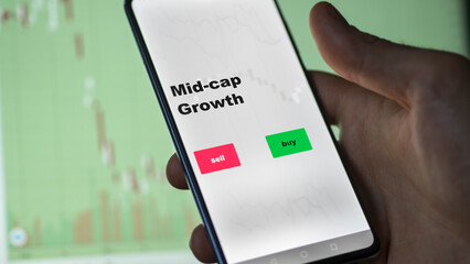An investor's analyzing the mid-cap Growth etf fund on screen. A phone shows the ETF's prices mid cap to invest