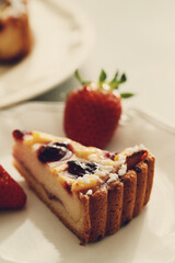 A piece of fresh tasty pie with berries on the plate