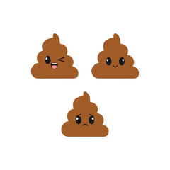 Cute happy smiling and sad poops Kawaii character. Vector illustration