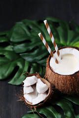 Fresh tasty juicy coconut drink with straw on dark background