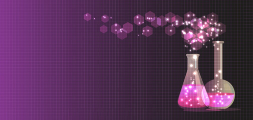 Chemistry tubes background in purple and lilac neon colors. Bright lights and bright chemical reaction. Magical chemistry tubes vector background.