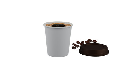 Black hot Espresso coffee and few bubbles beverage in little white paper disposal cup with brown cover glass and some coffee bean 3D rendering for takeaway 