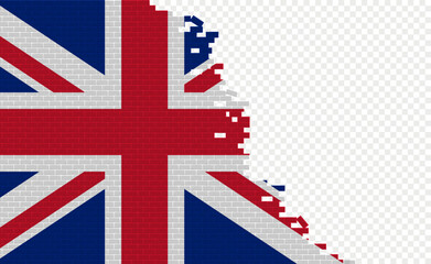 Fototapeta premium United Kingdom flag on broken brick wall. Empty flag field of another country. Country comparison. Easy editing and vector in groups.