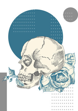 Collage vintage human skull with wreath flowers roses. Zine Culture style banner. Hipster barber shop concept. Tattoo, t-shirt design. Realistic hand drawn sketch. Skeleton head.