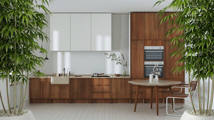 Zen interior with potted bamboo plant, natural interior design concept, modern japandi kitchen, wooden cabinets, dining table with chairs, architecture idea