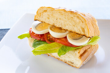 sandwich with eggs and vegetables on white plate