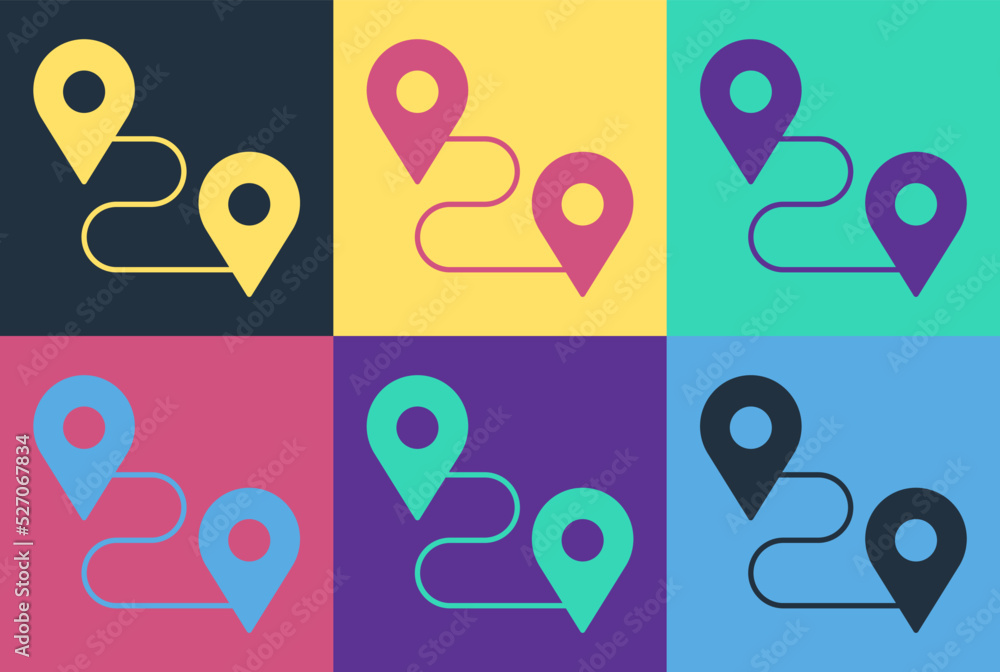 Aufkleber pop art route location icon isolated on color background. map pointer sign. concept of path or road.