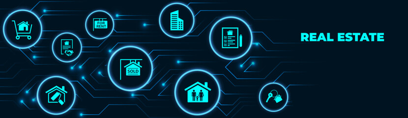 Real estate vector illustration. Concept with connected icons related to property sales and listings, realtor agency and contractor, residential property, investment, housing project