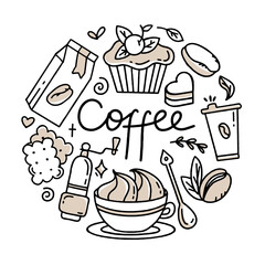 A set of elements for a coffee shop To use for posters banners postcards and packaging design Vector illustration in the style of hand drawn