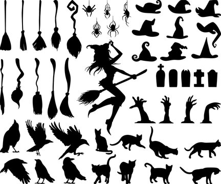 Set of Halloween black icon and character silhouettes. Vector illustration. 