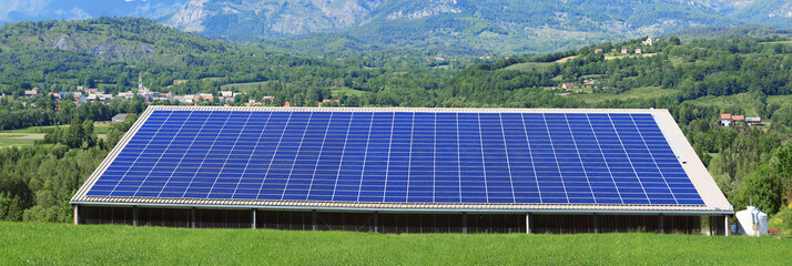 Grande surface de panneaux photovoltaïques sur une toiture de bâtiment.