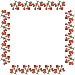 Square frame of cozy rowan berries on white background. Vector image. Doodle style.