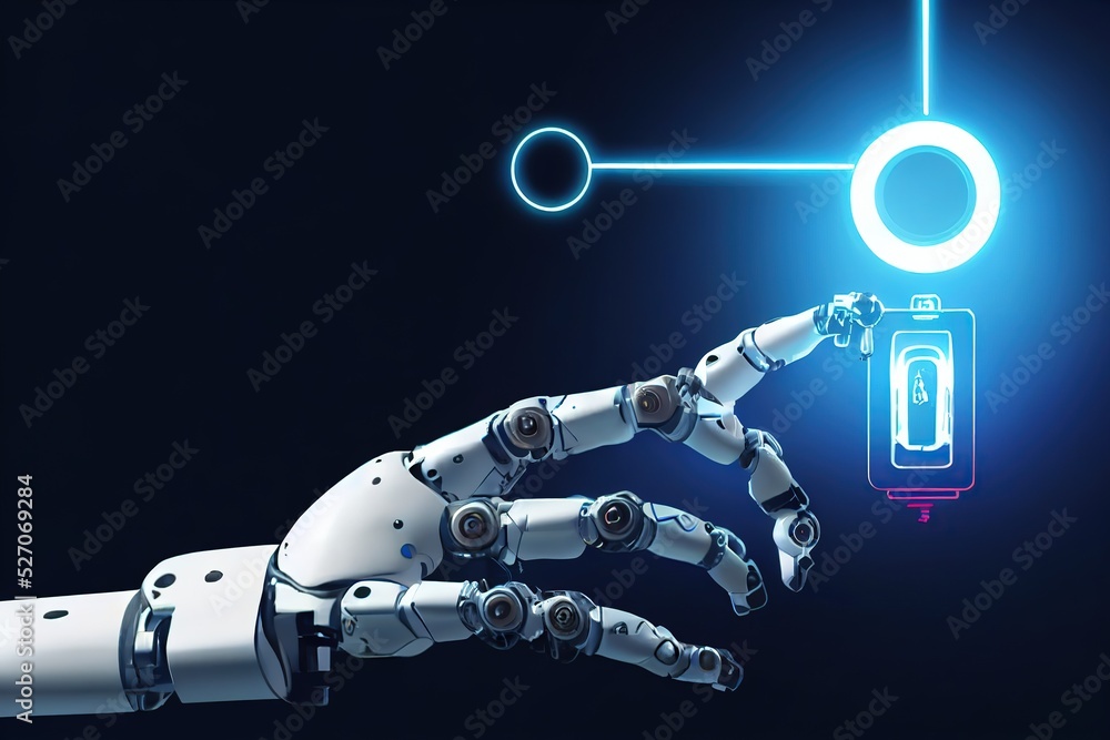 Poster Robot hand presses a button, realistic mock-up of a robot hand on a blue background.