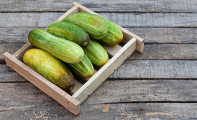 Closeup of Organic Cucumber in a Wooden Tray Isolated on Wooden Background with Copy Space
