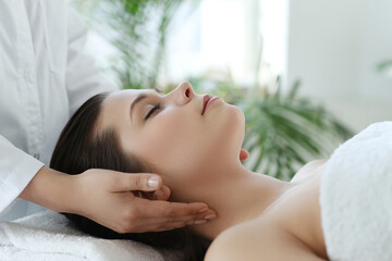 Fototapeta na wymiar Beautician doing neck massage of young beautiful relaxed woman in spa salon