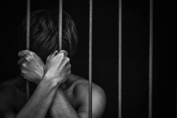 prison man crime in gaol, hold hand iron bar jail, punishment convict in justice law, cage for lock...