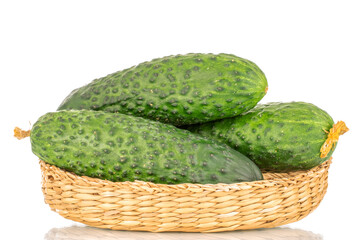 Three organic green cucumbers in a straw bowl, close-up, isolated on a white background.