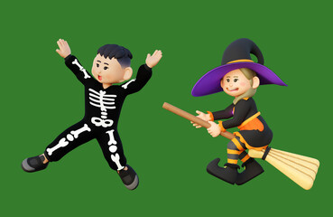할로윈 파티에 빗자루를 타며 날고있는 마녀와 점프하는 해골복장의 귀여운 아이들, 3d 렌더링 캐릭터 일러스트