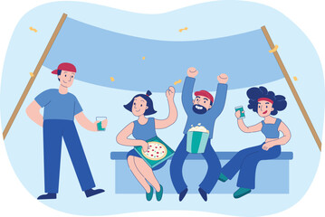 Happy Young People Characters Jumping and Dancing and Cheer upTogether. Moving and Having Fun on Party. for Football or Sport Party Celebration Concept. Flat Cartoon Vector Illustration.