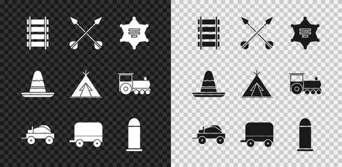 Set Railway, railroad track, Crossed arrows, Hexagram sheriff, Wild west covered wagon, Bullet, Mexican sombrero hat and Indian teepee or wigwam icon. Vector © Vadim