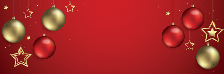 Hanging christmas balls and stars on a red background - Christmas and happy new year design banner