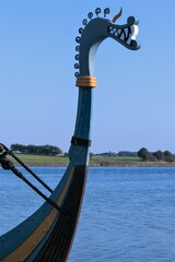 Fototapeta premium Close up of a viking ship with carved dragon head.