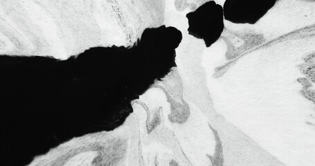 Black paint splash on white paper. Ink spill. Ripped edge overlay. Fluid splatter blob on marble...
