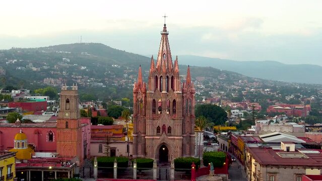 top view drone to san Miguel de allende streets and town, in sunset and night, top and side view with copy  space dolly zoom