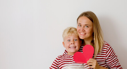 Portrait of happy mother and son over white background , Mother’s Day background