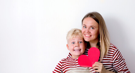 
Portrait of happy mother and son over white background , Mother’s Day background
