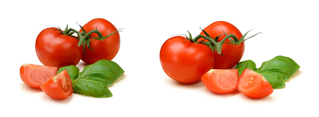Fresh tomato with basil isolated on white background