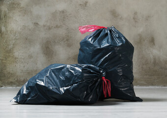 The big black garbage bags placed on the floor.