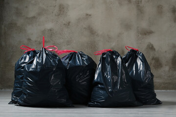 The big black garbage bags placed on the floor.