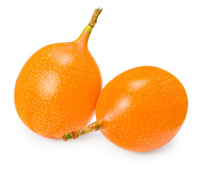 Granadilla or yellow passion fruit with green leaves isolated on white background. exotic fruit. clipping path